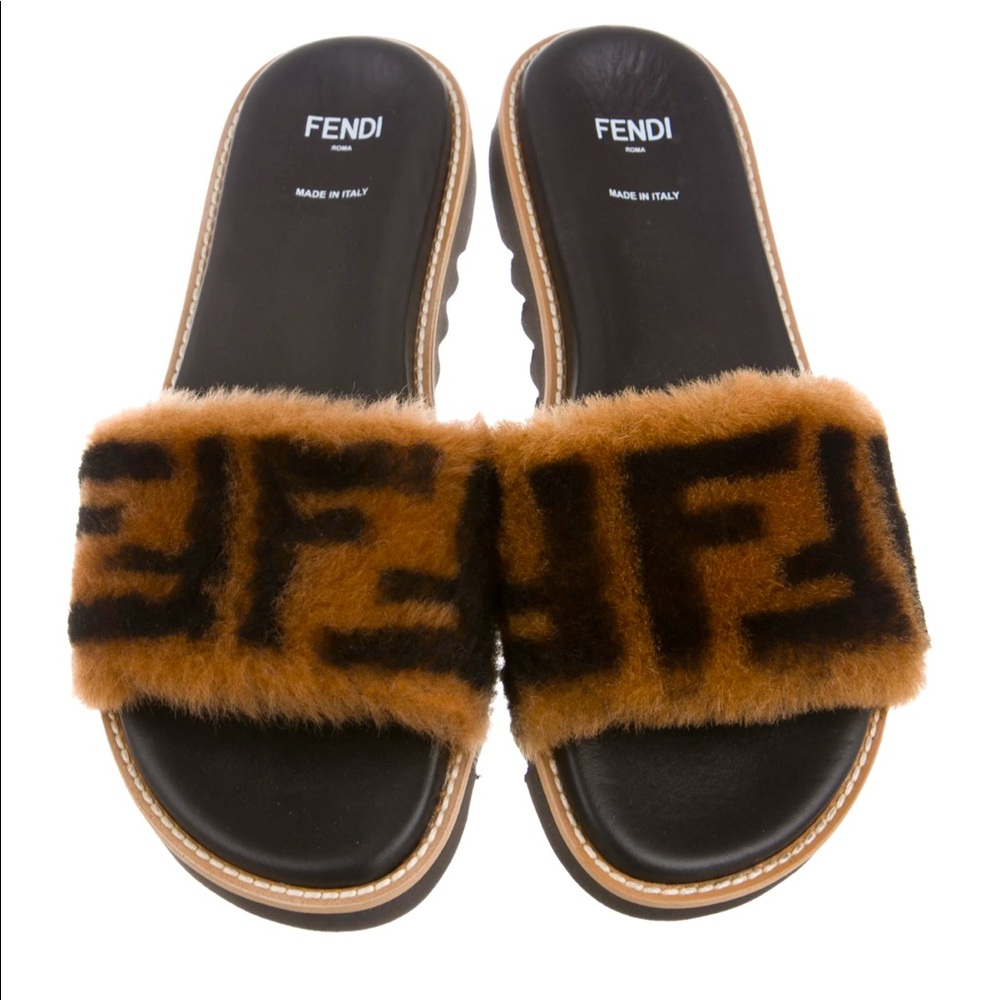 Fendi Zucca Shearling Slides, Size 37/US 7.